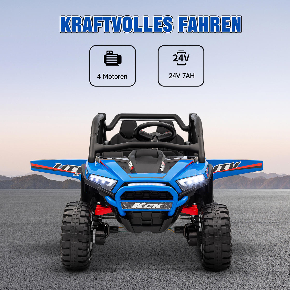 KINDERAUTO Elektro-UTV, 5-7 km/h, 2-Sitzer, Fernbedienung, Musik, Lichter, 1h Fahrtdauer, Blau - Blau, Kunststoff/Metall (117/72/67cm) - AIYAPLAY