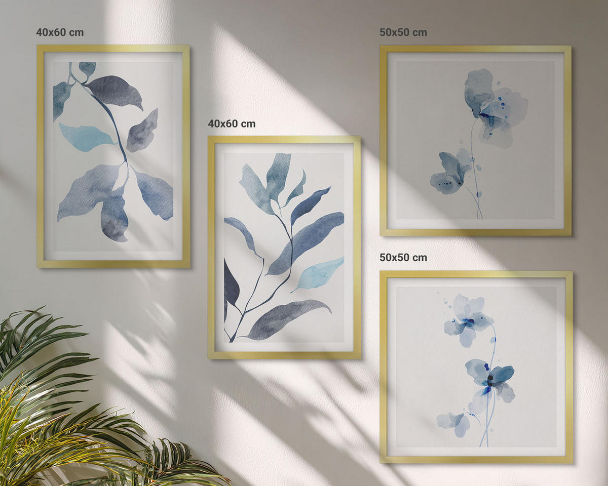 WANDBILDER 4er Set - 50x50 cm & 40x60 cm Goldrahmen - Aquarell von blauen Blättern - Goldfarben, Kunststoff (50/50cm) - ArtPrintCave