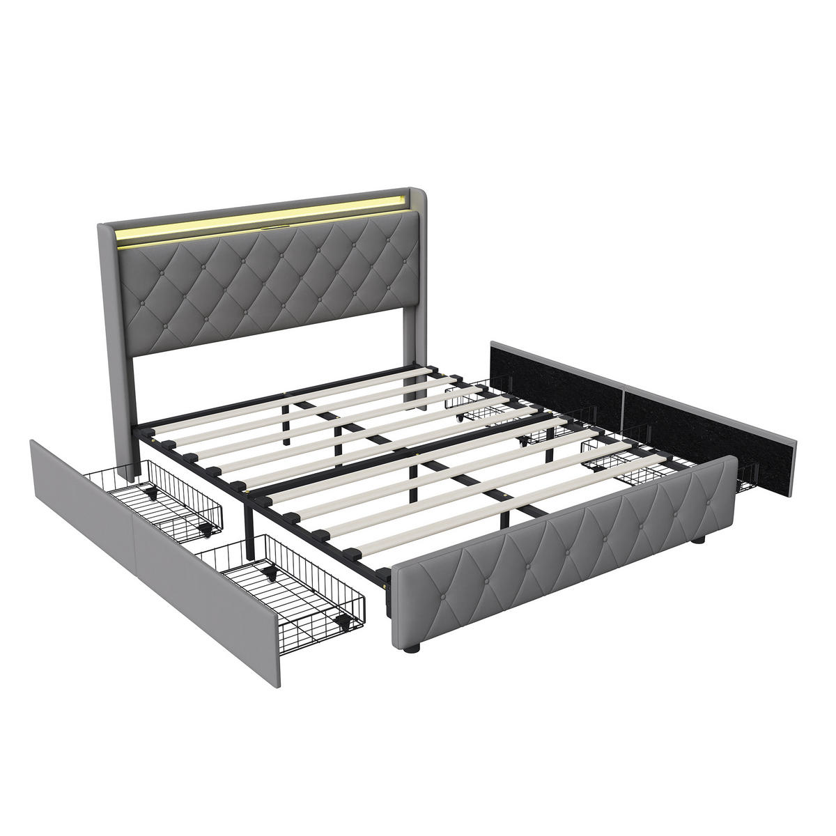 POLSTERBETT 160x200 cm LED USB 2 Schubladen Lattenrost grau - Grau, Holz (160/200cm) - LEBENLANG