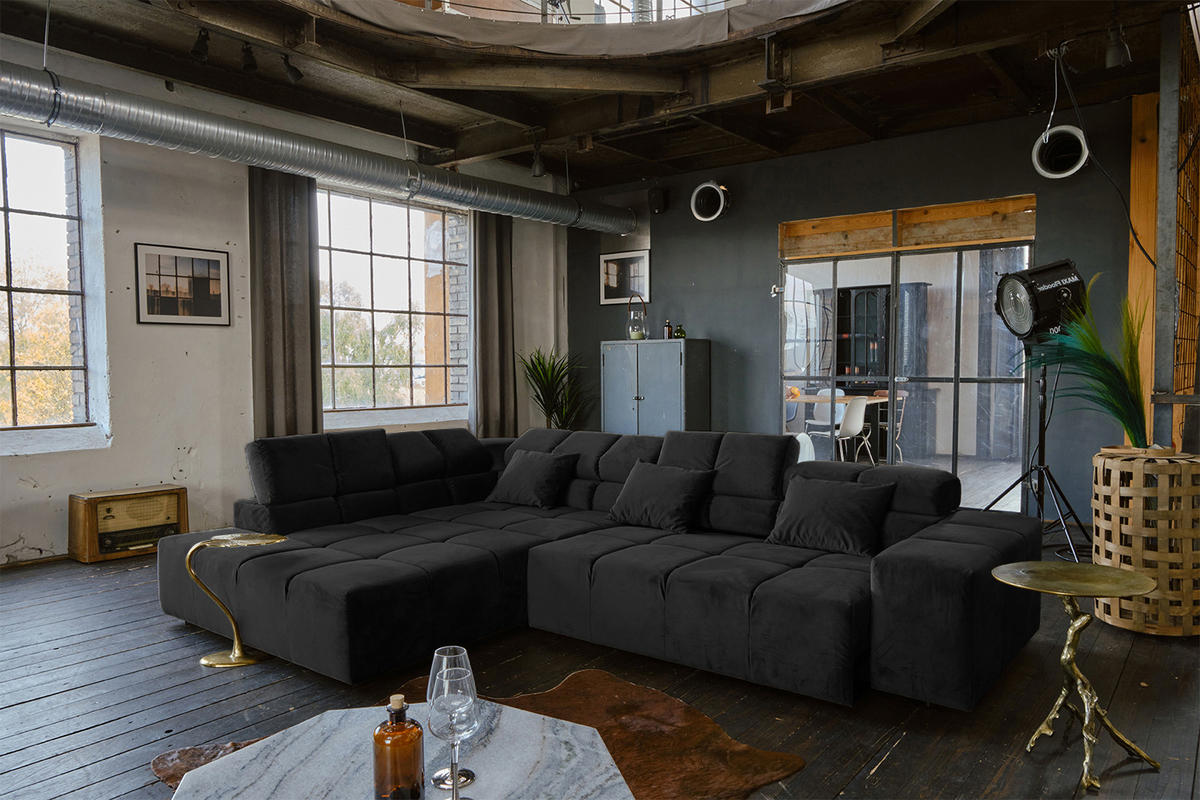 ECKSOFA MIT MOTORISCHEM SITZVORZUG NEVADA Schwarz Velvet - Schwarz, Textil (319/215cm) - KAWOLA