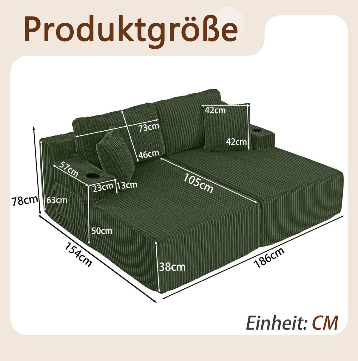 SOFA 2-Sitzer Relax- und Schlafsofa Kordstoff Grün - Grün, Metall (154/78/186cm) - Meubliv