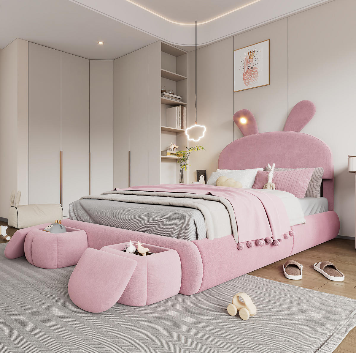 POLSTERBETT Hasenohren 140/200 cm Rosa mit LED, Hydraulik und Stauraum - Rosa, Textil (140/200cm) - MIVRAY