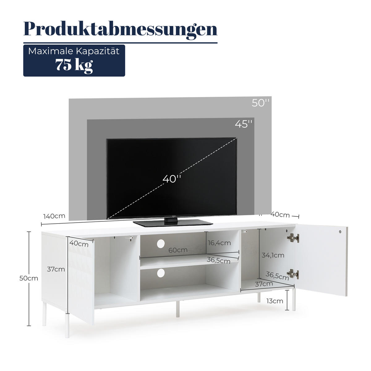 TV Lowboard Holz Weiß, Modernes TV Schrank für Fernseher bis zu 65 Zoll, 140 × 40 × 50 cm - Weiß, Holzwerkstoff/Metall (140/50/40cm) - Hometopia