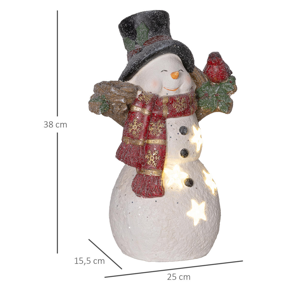 VÁNOČNÍ dekorace sněhulák s ptáčky 38 cm LED světlo pro vnitřní i venkovní použití - bílá/červená, plast (15.5/38/25cm) - HOMCOM