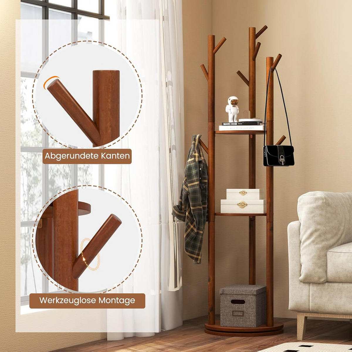 GARDEROBENSTÄNDER 360°drehbar walnuss - Braun, Holz (42/167/42cm) - COSTWAY