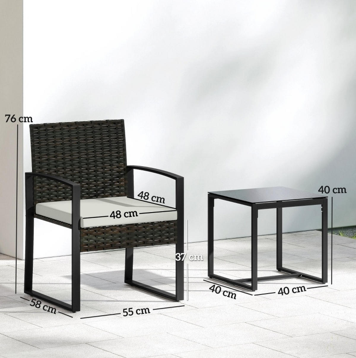 BALKONOVÝ set 55/58/76 a 40/40/40 cm krémově šedý z oceli s polstry a skleněným stolkem - hnědá, kov - OKWISH