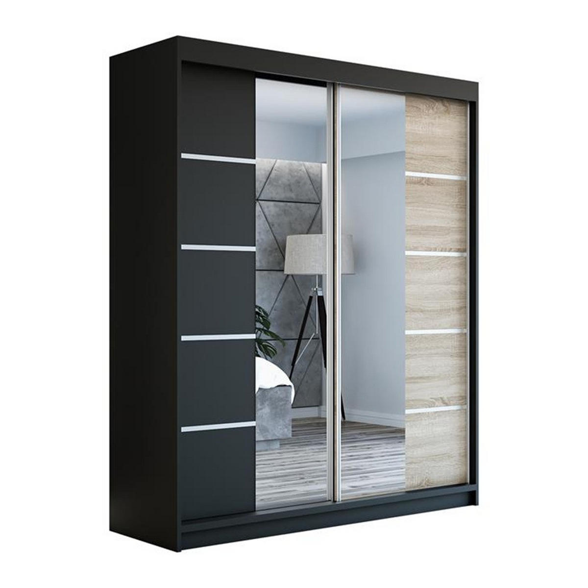 SCHWEBETÜRENSCHRANK 180 CM KRINO Farbe: Schwarz / schwarz / sonoma - Schwarz/Braun, Holzwerkstoff (180/215/59.5cm) - A&J MöbelLand