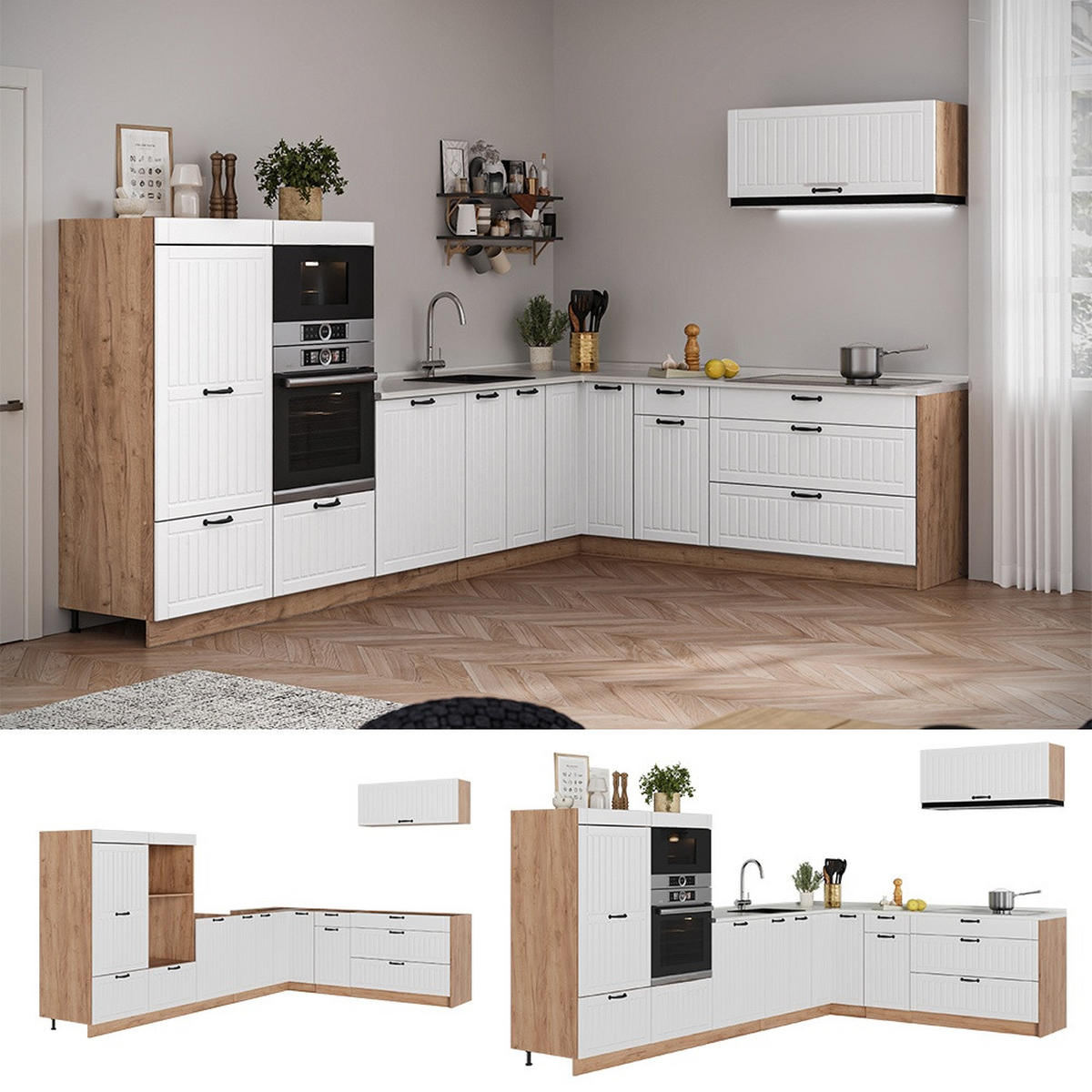 KUHINJA U OBLIKU SLOVA L Fame-Line, Bijela Seoska/Hrast zlatnog tona, 327 x 227 cm, RP Antracit - bijela/hrast medunac, drvni materijal (327/153.6/60cm) - Vicco