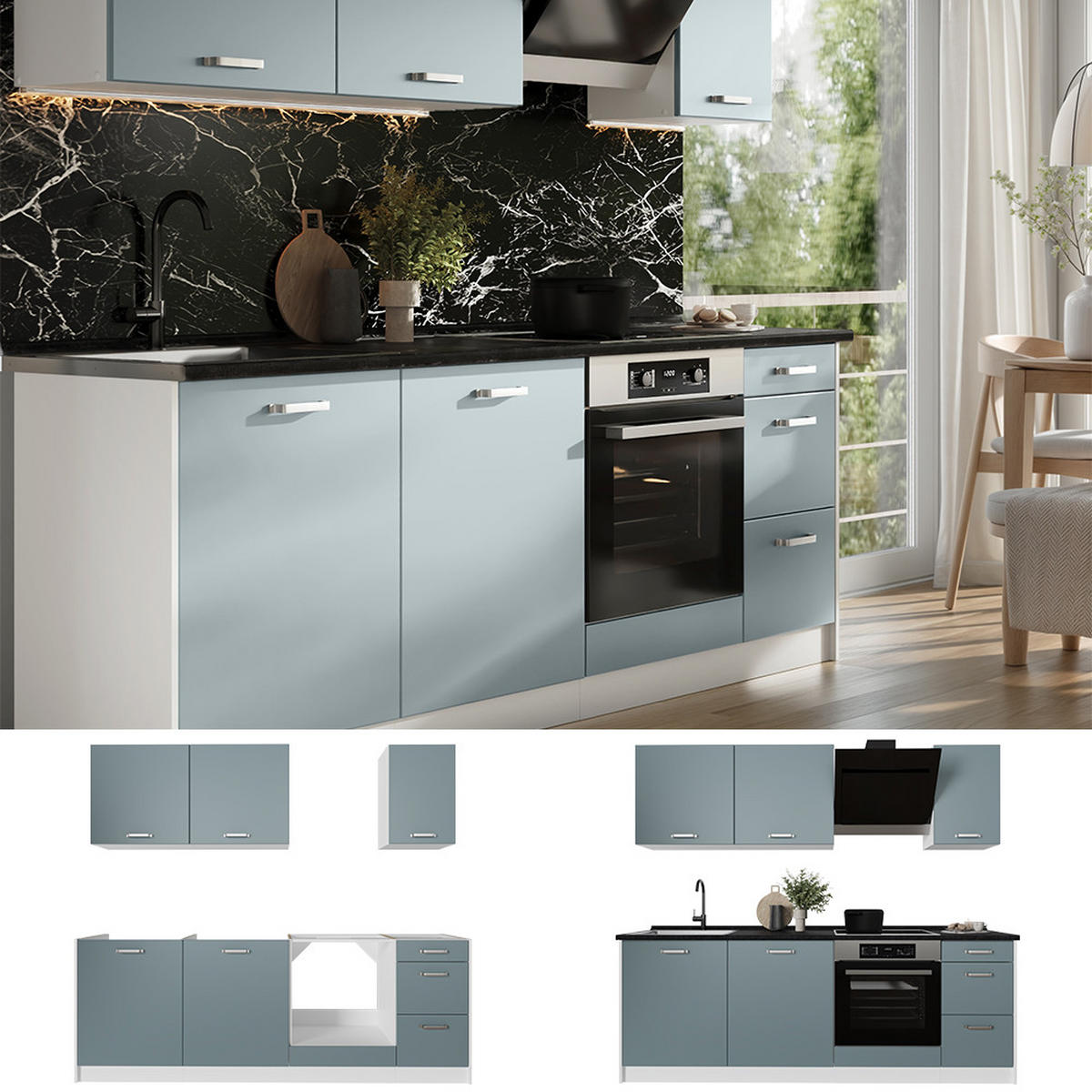 KÜCHENZEILE R-Line, Blau-Grau/Weiß, 220 cm Arbeitsplatte Anthrazit - Blaugrau/Weiß, Holzwerkstoff (220/81.6/60cm) - Vicco