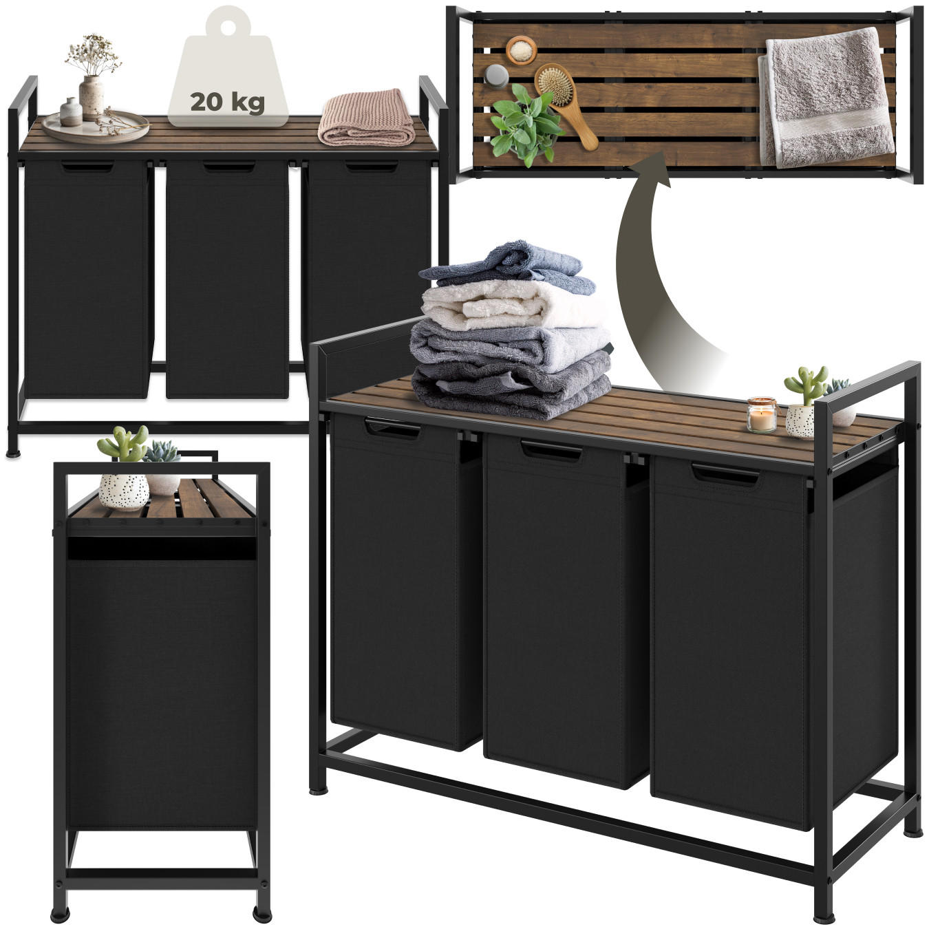 WÄSCHESORTIERER, höhenverstellbare Kunststofffüße,schwarz/braun - Schwarz/Braun, Metall (93.5/72/34cm) - tectake