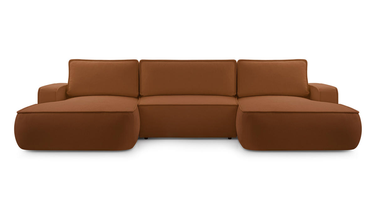 WOHNLANDSCHAFT SOLO Orange Boucle-Stoff mit Schlaffunktion - Orange, Holz (364/87/168cm) - MASSENO