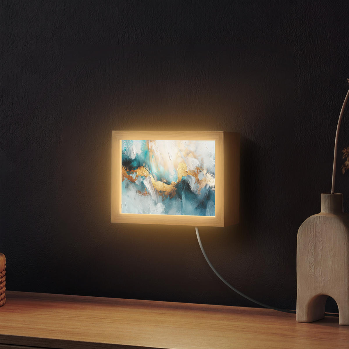 NÁSTĚNNÁ LAMPA Abstraktní - umění - zlatá - modrá 20x15 cm - tyrkysová, kompozitní dřevo (20/15/8cm) - OnlyWow