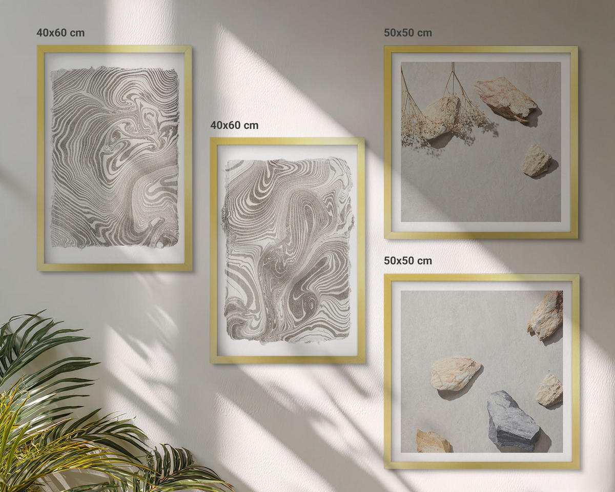 WANDBILDER 4er Set - 50x50 cm & 40x60 cm Goldrahmen - Moderne abstrakte Formen - Goldfarben, Kunststoff (50/50cm) - ArtPrintCave