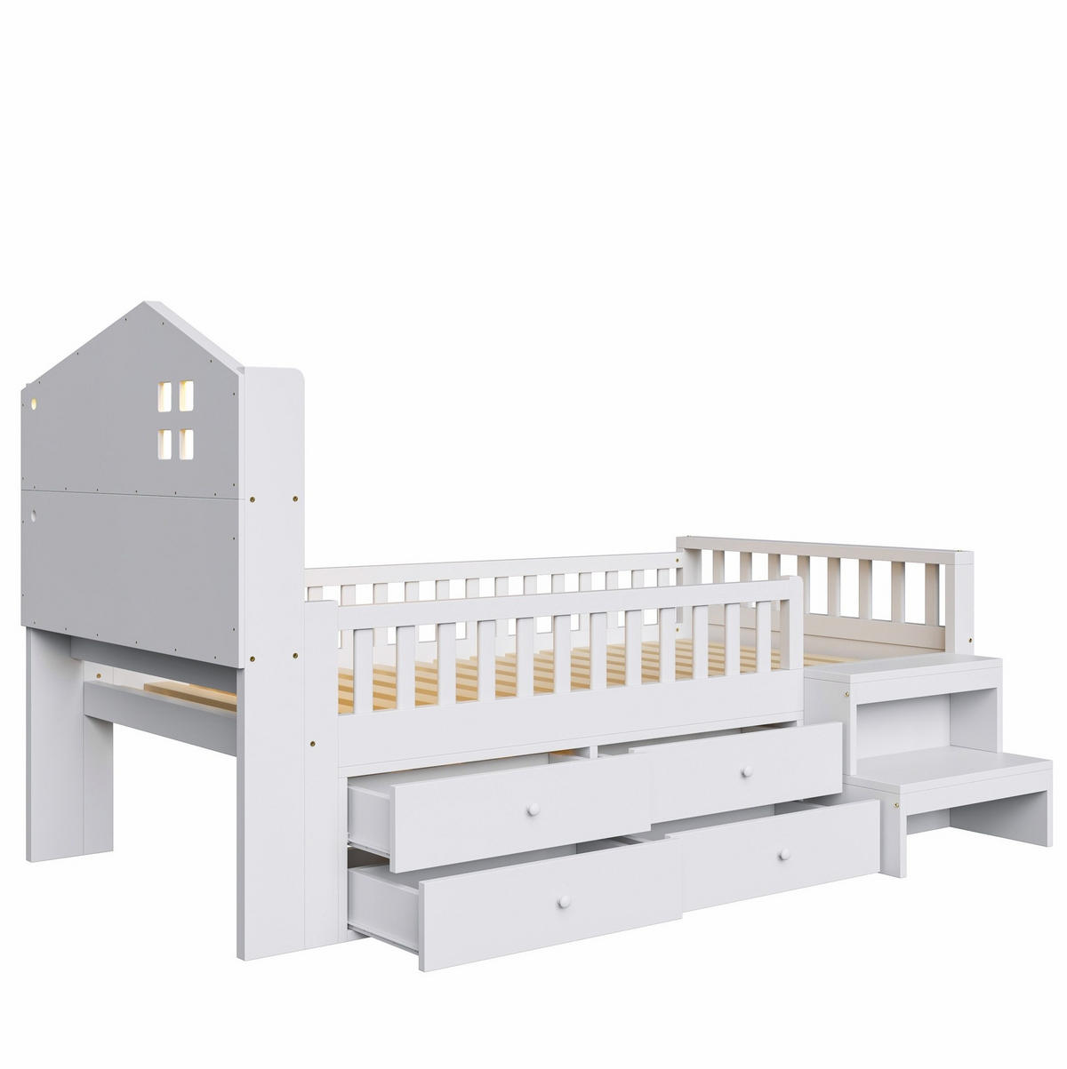 KINDERBETT 90/200 cm mit LED-Beleuchtung, USB- und Typ-C-Anschluss, 4 Schubladen und Treppe, Weiß - Weiß, Holzwerkstoff (90/200cm) - Redom
