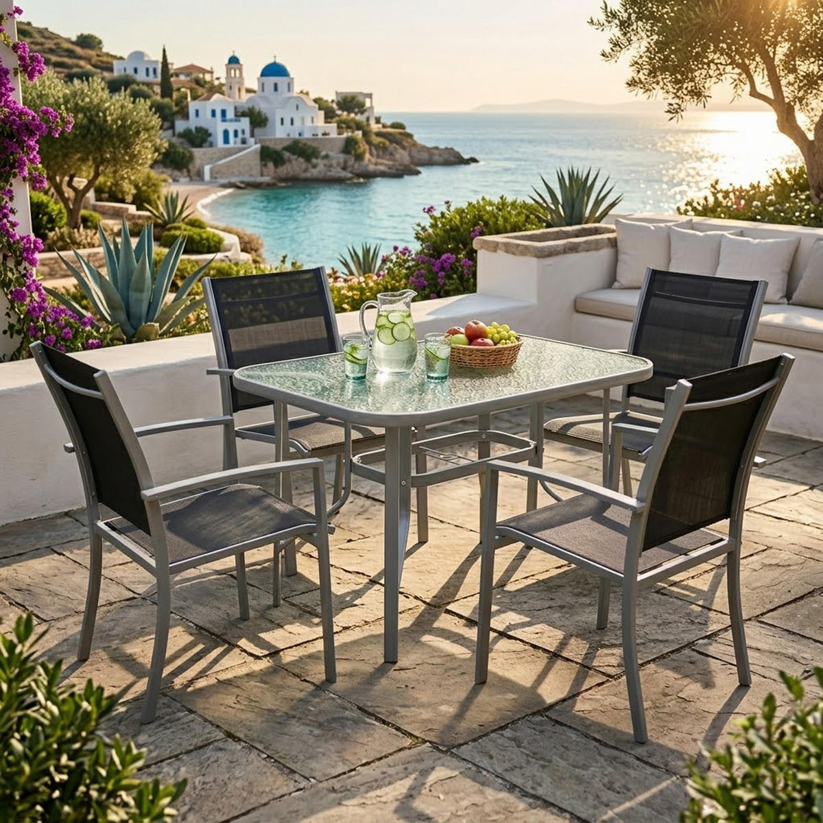 GARTEN-GARTEN-GARNITUR Leeds - Gartenessgruppe für 4 Personen - Gartenmöbel Set 5-teilig, Metall + Kunstgewebe schwarz - Schwarz, Metall - TPFGarden