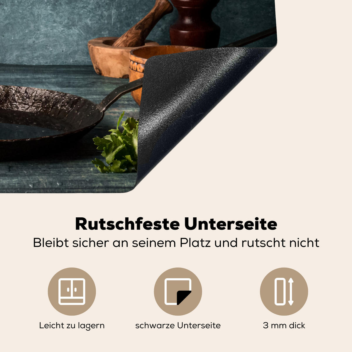 HERDABDECKPLATTE Kräuter - Gewürze - Pfanne - Messer - Grau - Rustikal 71x52 cm - Petrol, Kunststoff (71/0.2/52cm) - MuchoWow