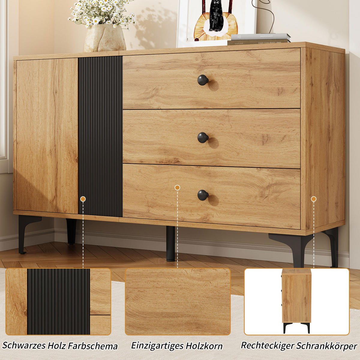 SIDEBOARD 120/35/76 cm aus Holzwerkstoff mit Schranktür, 3 Schubladen und Metallfüßen, Schwarz/Natur - Schwarz, Holzwerkstoff (120/76/35cm) - Redom