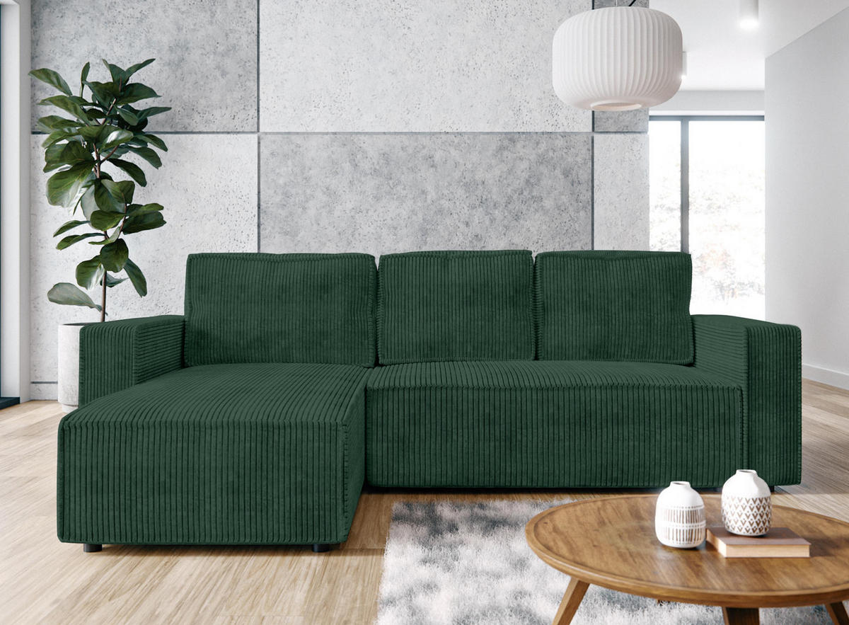 ECKSOFA L Form Aydin Grün 258/169/85 cm Cord Universal mit Schlaffunktion - Dunkelgrün/Schwarz, Kunststoff/Textil (258/169cm) - AX Living