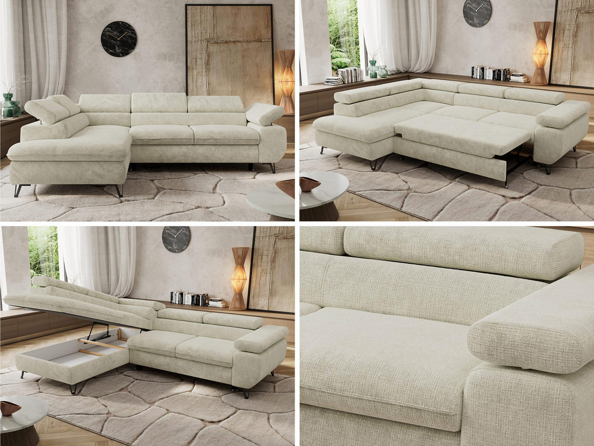 ECKSOFA PABLO L Creme Schenille grob gewebt - Links Seite mit T25 Topper - Creme/Schwarz, Textil/Metall (208/273cm) - MKS
