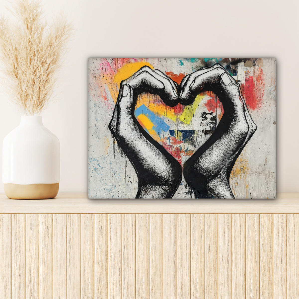 OBRAZ NA PLÁTNE Ruky - Srdce - Street art - Graffiti 40x30 cm - viacfarebná, textil (40/30cm) - MuchoWow