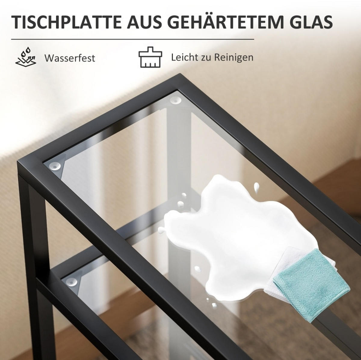 BEISTELLTISCH 40/18/62 cm in Schwarz mit 3 Glasablagen und Stahlrahmen - Schwarz, Glas (40/18/62cm) - Flora Grace