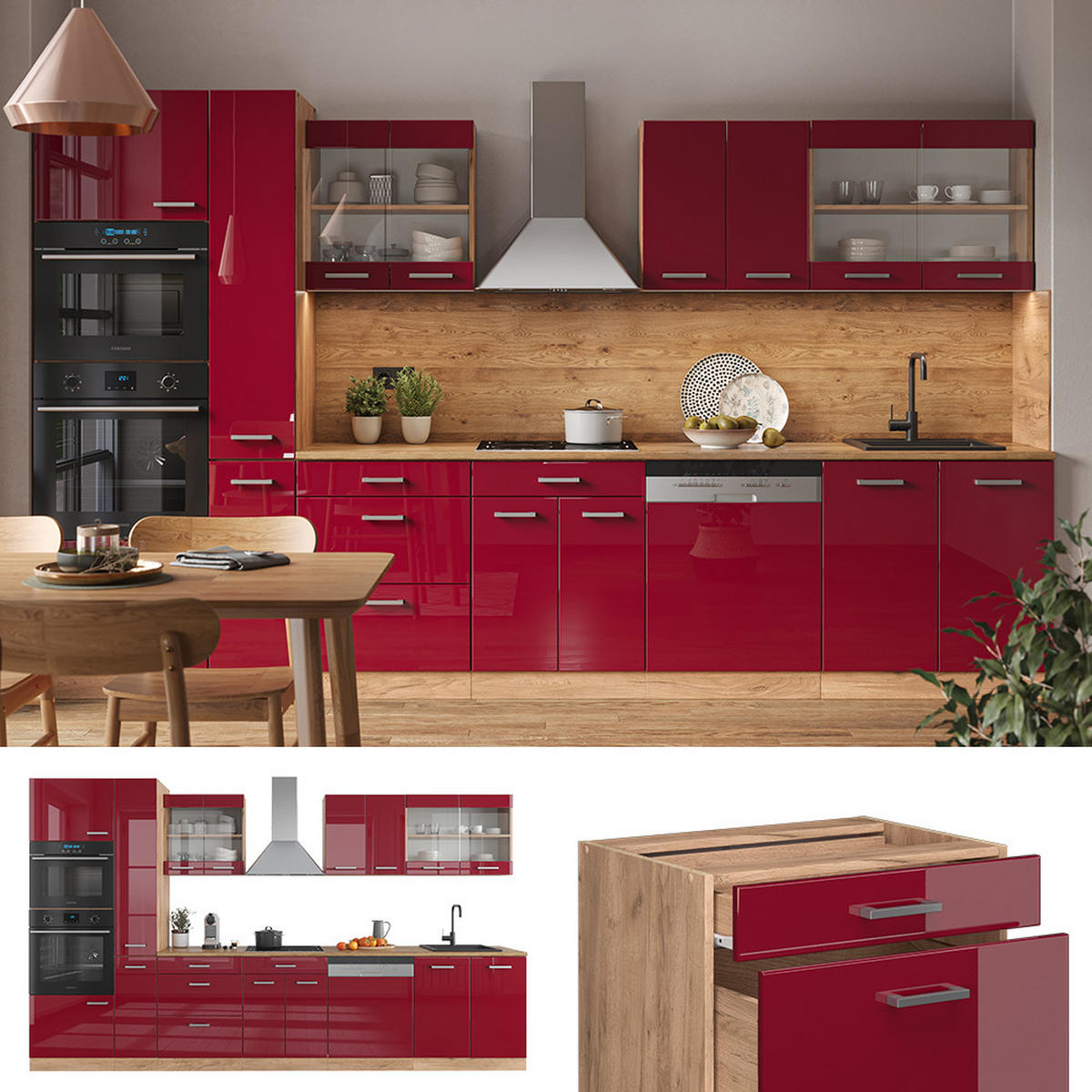KÜCHENZEILE R-Line Rot Hochglanz/Goldkraft Eiche 350 cm mit Hochschrank, ohne Arbeitsplatte - Rot/Eiche Wotan, Holzwerkstoff (350/81.6/46cm) - Vicco