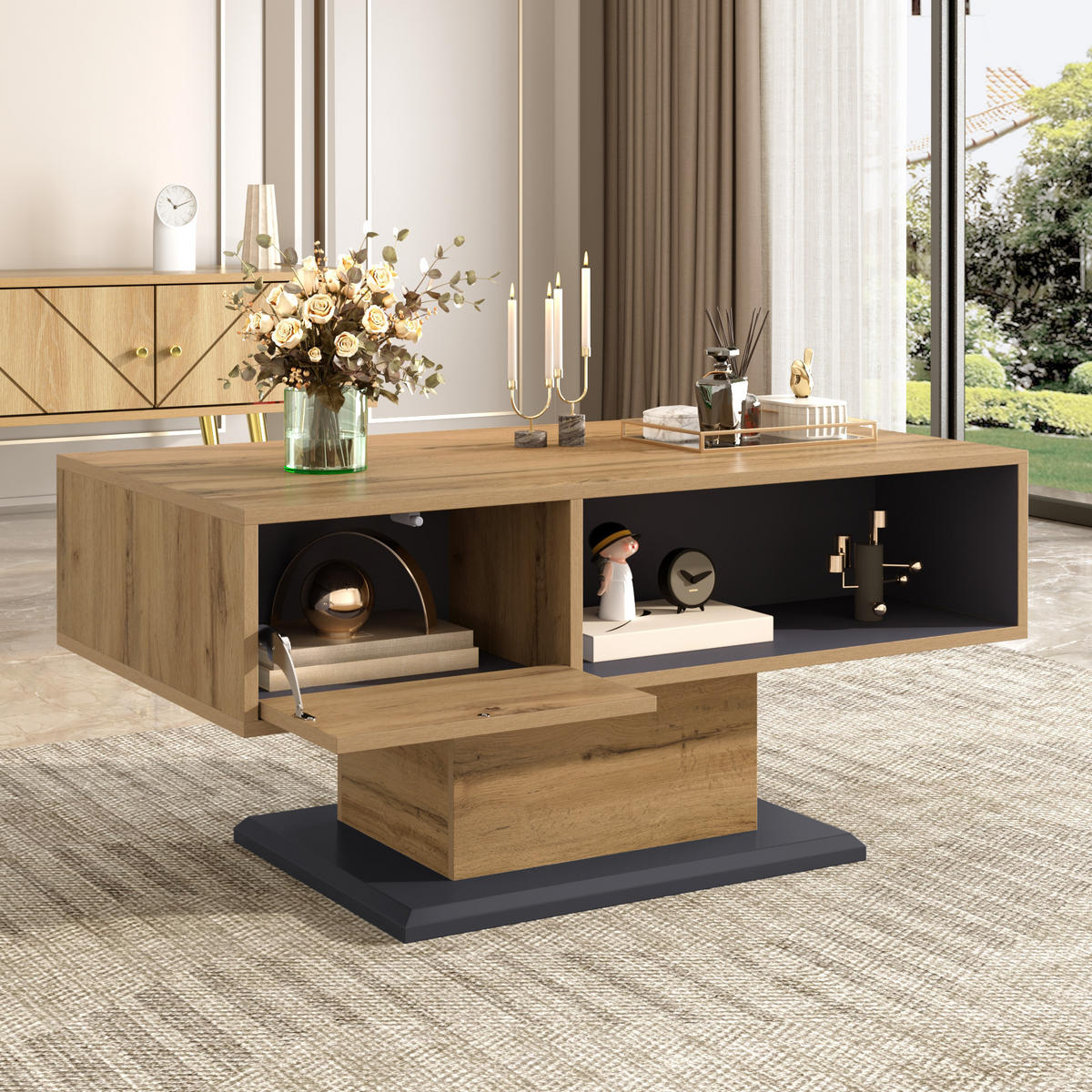 COUCHTISCH in Naturfarben Wohnzimmertisch mit doppelseitigem Stauraum, großem Ablagefach und Innenfach ,B100/T50/H46.5cm - Naturfarben, Holzwerkstoff (50/100/46.5cm) - STILVORA