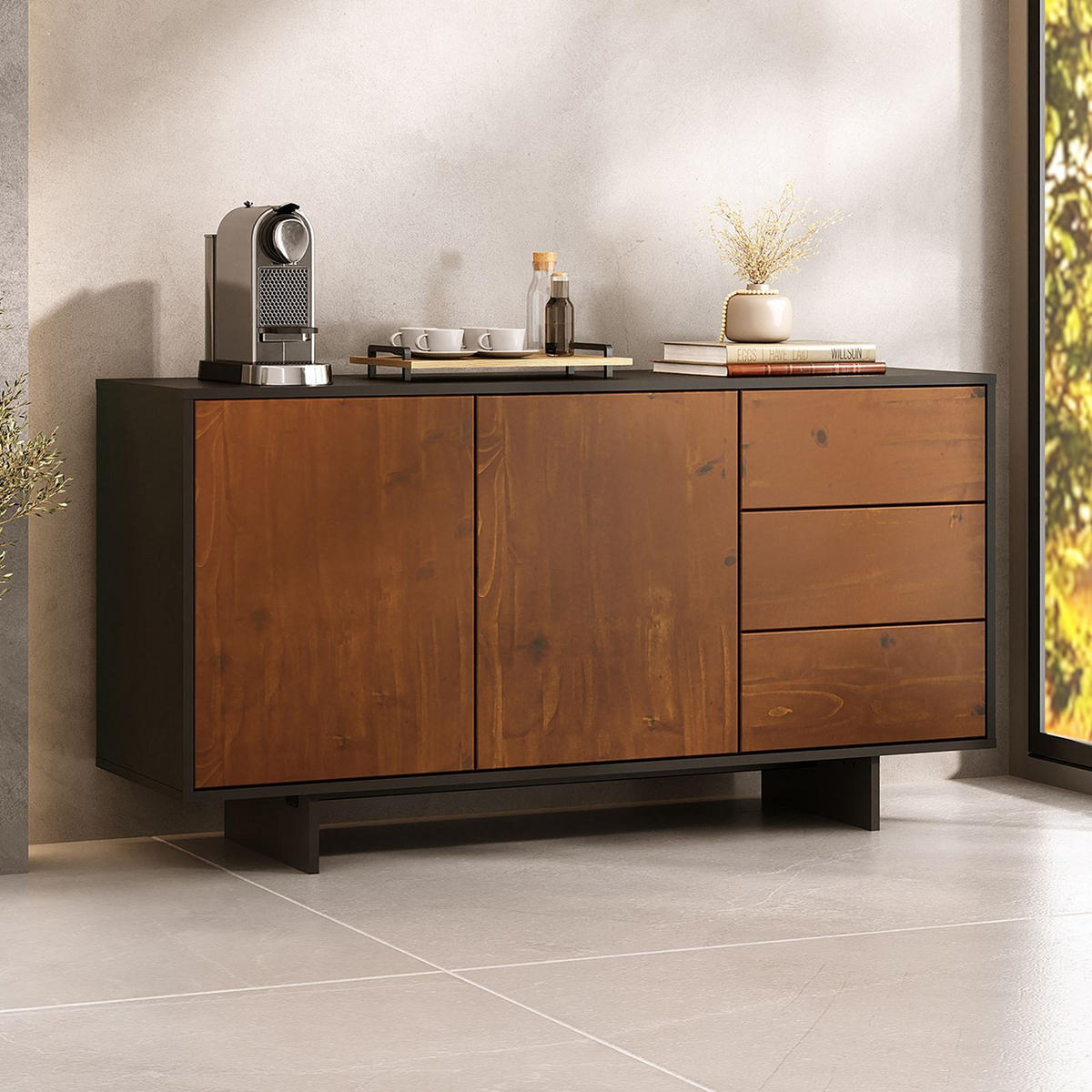 SIDEBOARD ARTO schwarz/Kastanie - Kastanienfarben/Schwarz, Holz (135/71/41cm) - IDIMEX