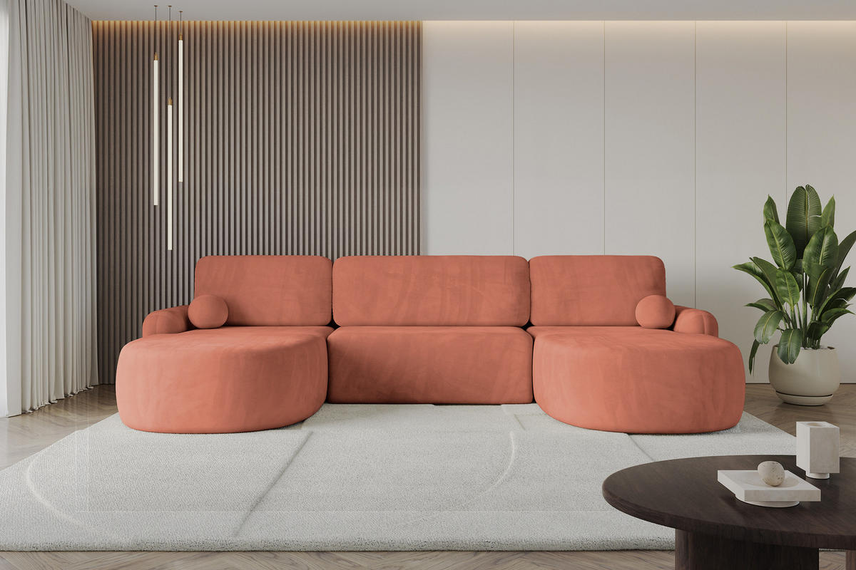 WOHNLANDSCHAFT mit Schlaffunktion und Bettkasten LIRA-U - 335x172x89 Apricot - Orange, Holzwerkstoff/Textil (335/89/172cm) - ALTDECOR