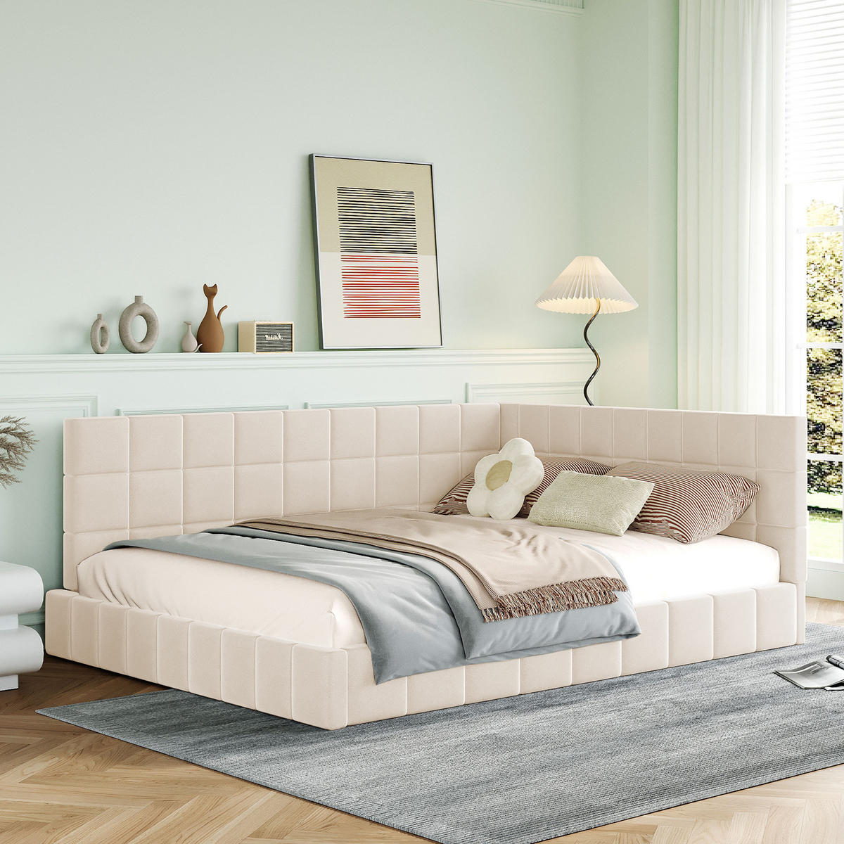 POLSTERBETT 140/200 cm Beige Multifunktionsbett mit Lattenrost aus Samtstoff - Beige, Textil (140/200cm) - OKWISH