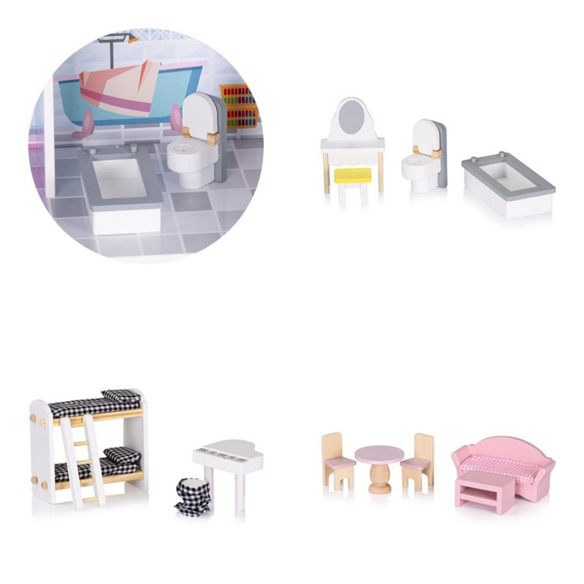 PUPPENHAUS DIWH02407 rosa 61 x 30 cm, MDF, 12-teiliges Möbel-Set, 3 Etagen, ab 3 Jahren - Rosa, Holz (30/61/79cm) - Chipolino