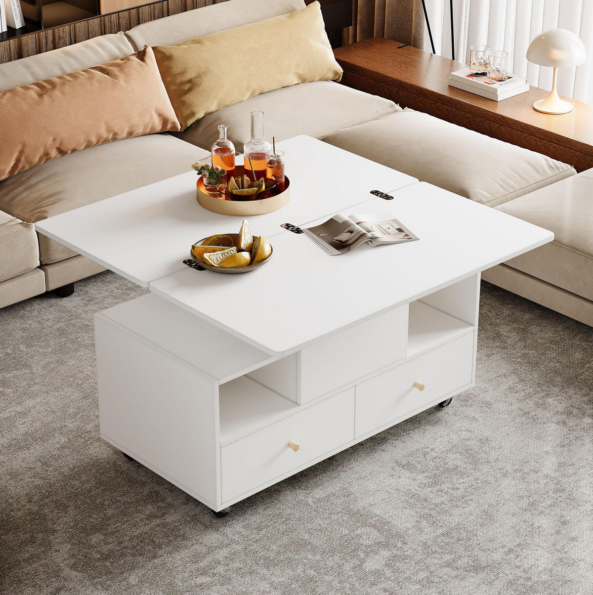 COUCHTISCH aus MDF 100x50x47,5 cm Weiß höhenverstellbar, klappbar mit 4 Schubladen und Rollen - Weiß, Holzwerkstoff (100/50/47.5cm) - Modfu