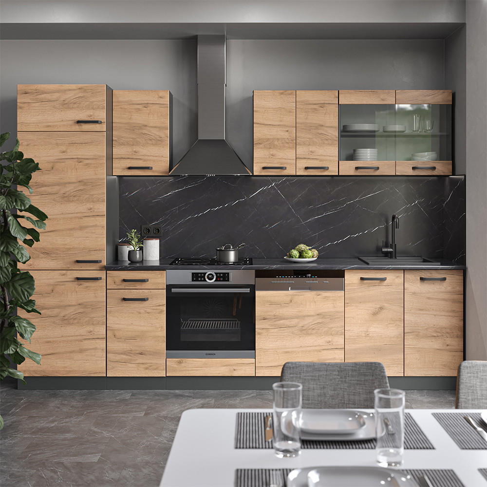 KÜCHENZEILE R-Line Goldkraft Eiche/Anthrazit 300 cm ohne AP - Anthrazit/Eiche Wotan, Holzwerkstoff (300/81.6/46cm) - Vicco