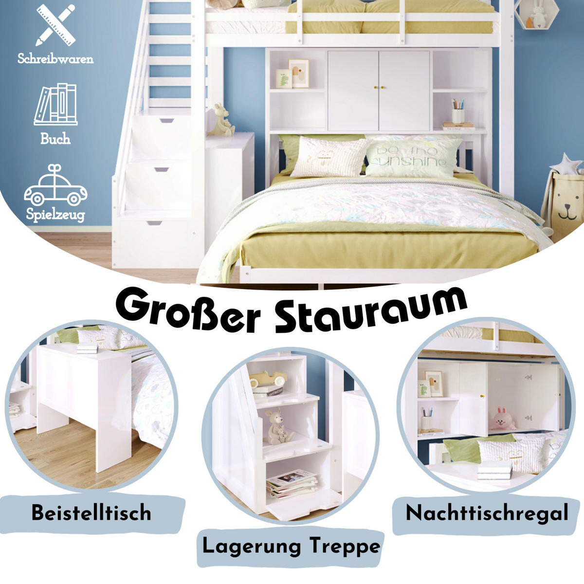 ETAGENBETT 90/200 + 140/200 cm und MDF mit Aufbewahrungstreppe, Regalen und Beistelltisch, Weiß - Weiß, Holzwerkstoff (90/200cm) - Redom
