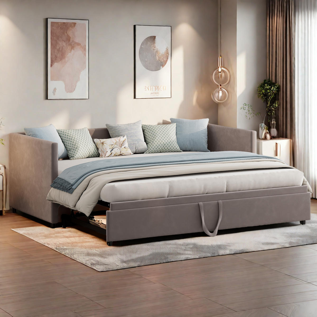 POLSTERBETT Tagesbett 90/180 × 200 cm, grau, Samt, Multifunktionsbettgestell, ausziehbares Bett, Wohnzimmer - Grau, Holz (180/200cm)