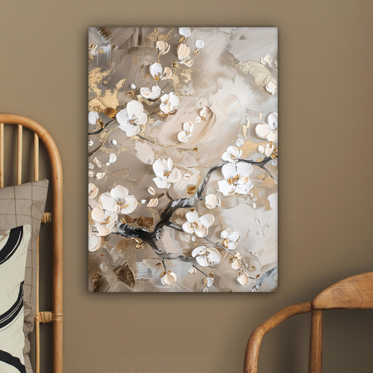 LEINWANDBILD - Blumen - Weiß - Gold - Beige - Luxus - 60x80 - Gemälde - Greige, Textil (60/80cm) - MuchoWow