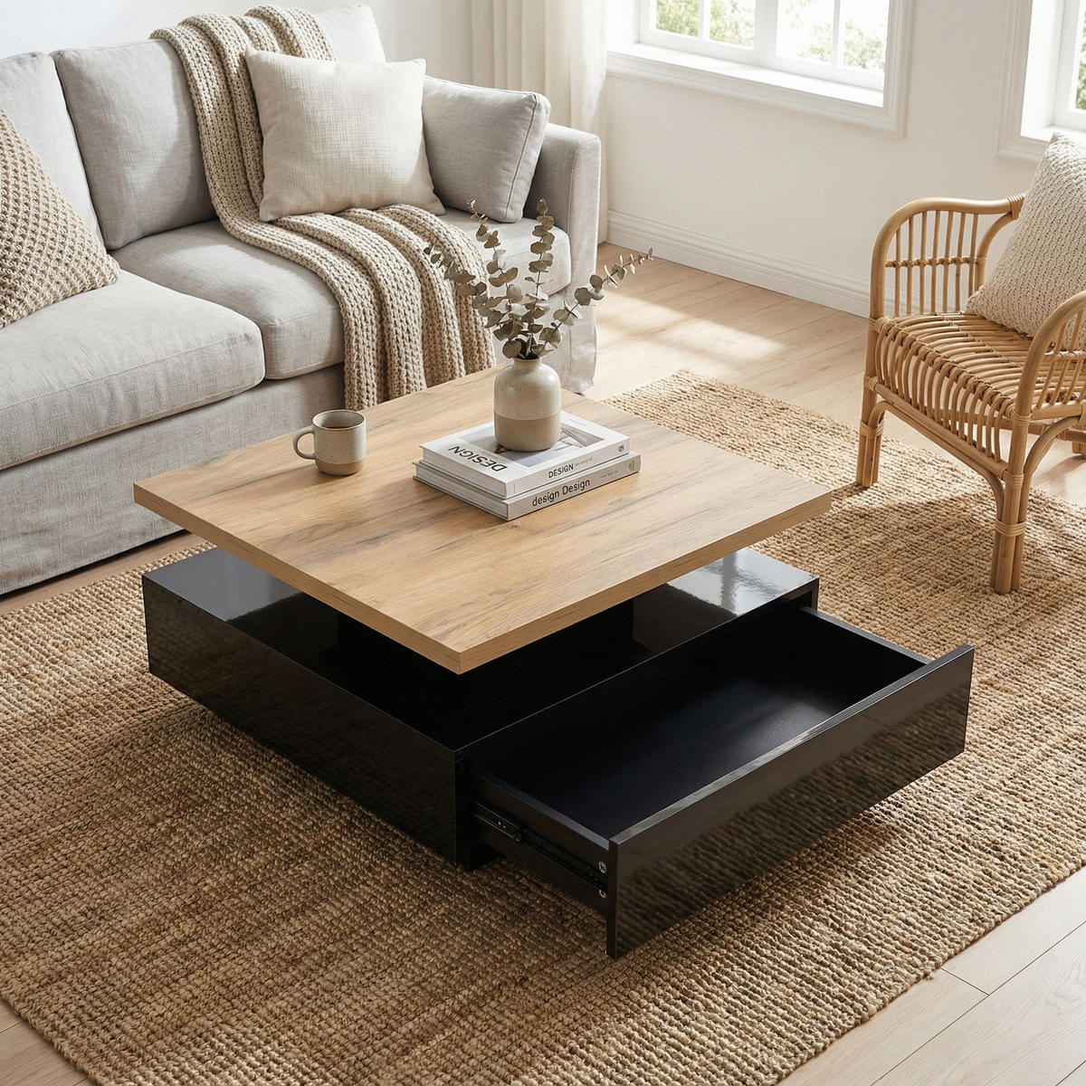 COUCHTISCH 70x70 cm Hochglanz mit 360° drehbar - Eichefarben, Holzwerkstoff (70/70/36cm) - Urban Meuble