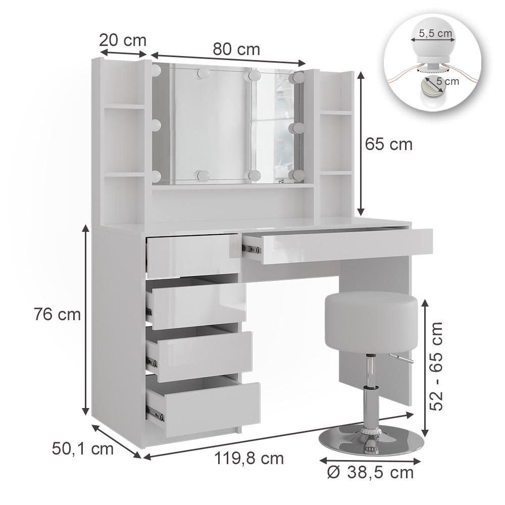 SCHMINKTISCH Sherry Weiß/Weiß Hochglanz 119.8 cm 5 Teile - Weiß Hochglanz, Holzwerkstoff (119.8/76/50.1cm) - Vicco