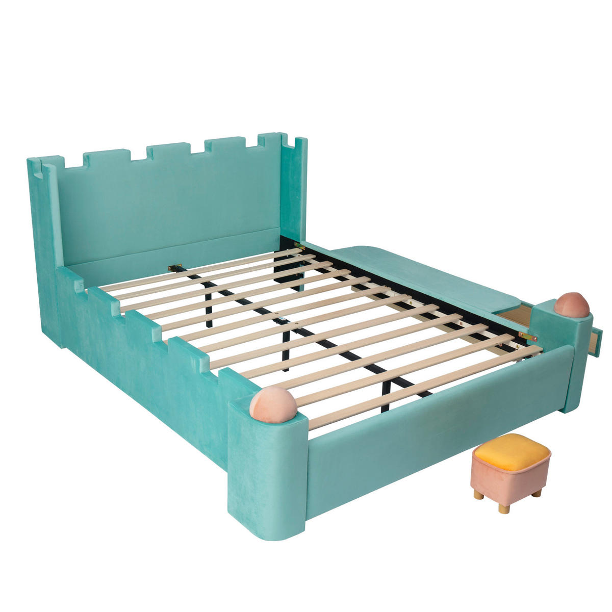 KINDERPOLSTERBETT 140x200 cm in Blaugrün mit Schublade und klappbarer Ablage - Blau, Holz (140/200cm) - IVMEU