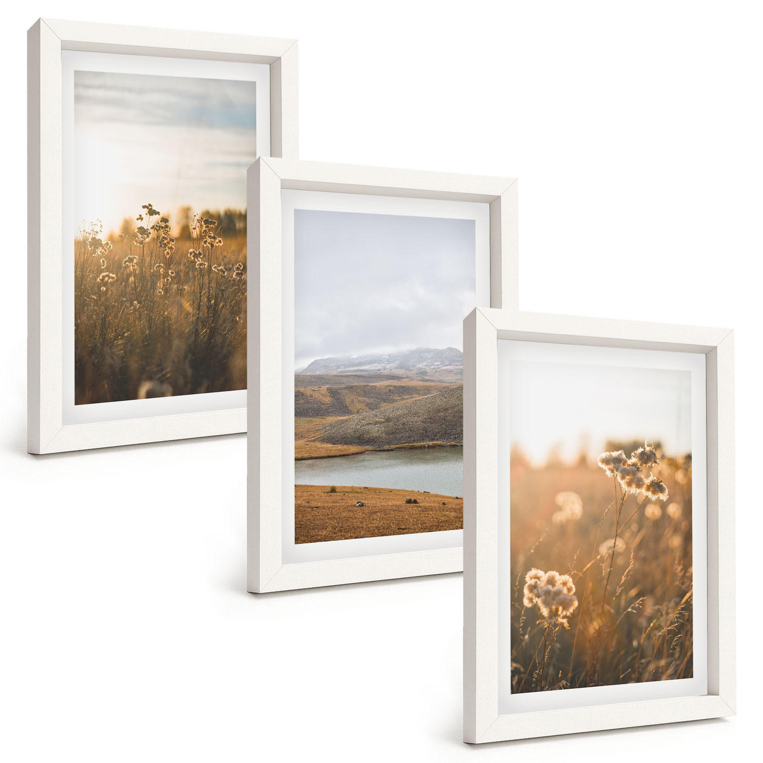 BILDER SET 3er Set - 20x30 cm Weißer Rahmen - Landschaften Wiesen Berge See - Weiß, Kunststoff (20/30cm) - TULUP