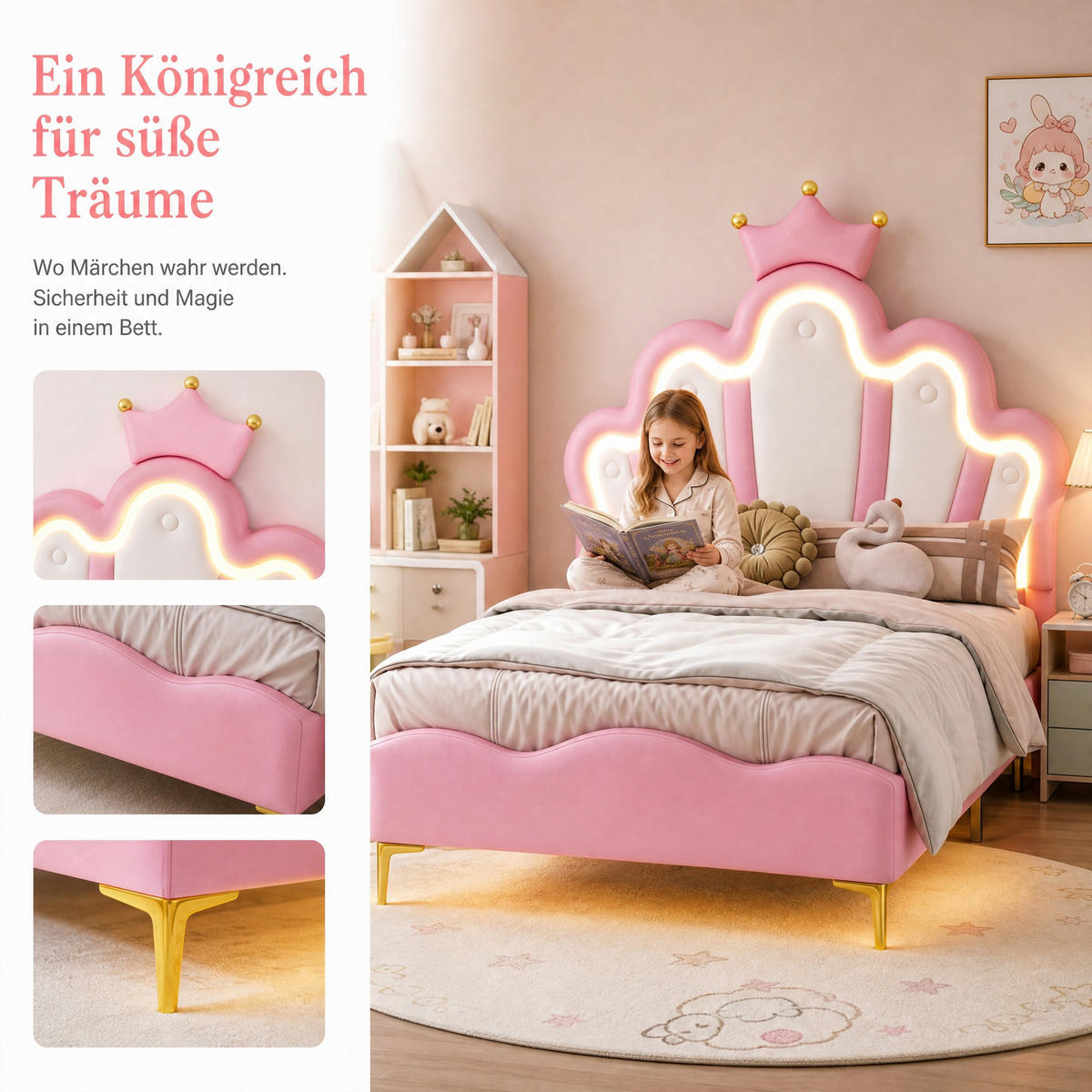 KINDERBETT 90x200 mit LED, Blütenblatt Kopfteil mit Krone, Rosa PU, höhenverstellbar - Pink, Leder/Holz (90/200cm) - GENKI LIVING
