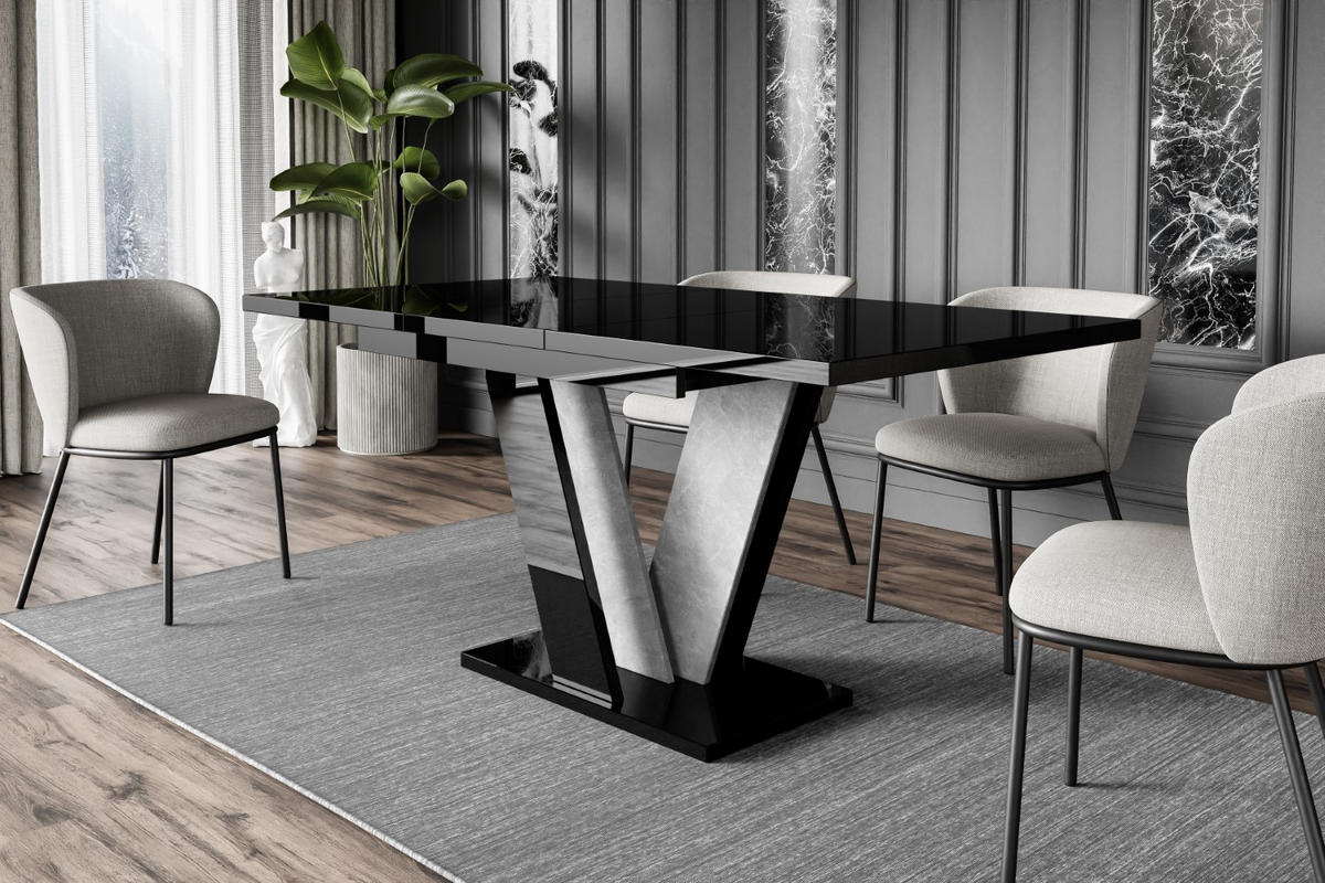 ESSTISCH ausziehbar 120 -160x90x75 cm - Hochglanz Schwarz/Betonoptik - INEY - Schwarz Hochglanz, Holzwerkstoff (120/90/75cm) - ALTDECOR
