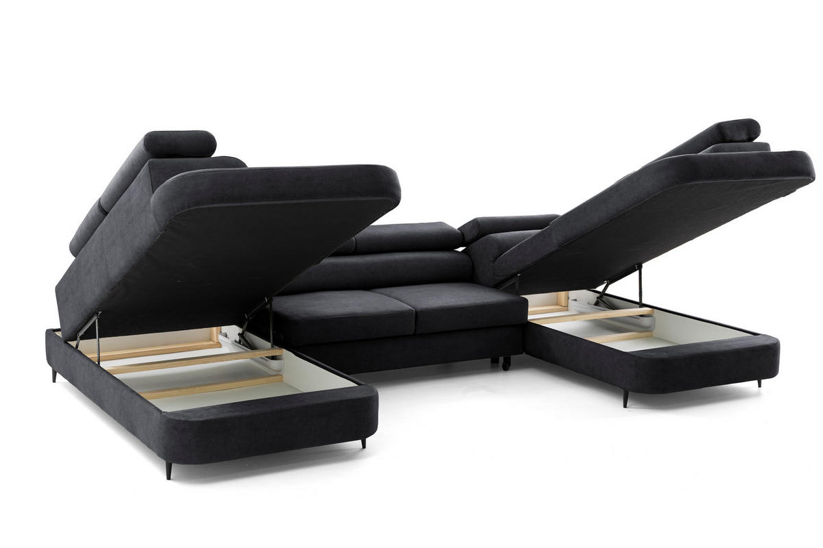 ECKSOFA U-Form PRIAM U2 mit Schlaffunktion 126x270 Velours Schwarz - Chromfarben/Schwarz, Holz/Textil (350/91/203cm) - Muffo