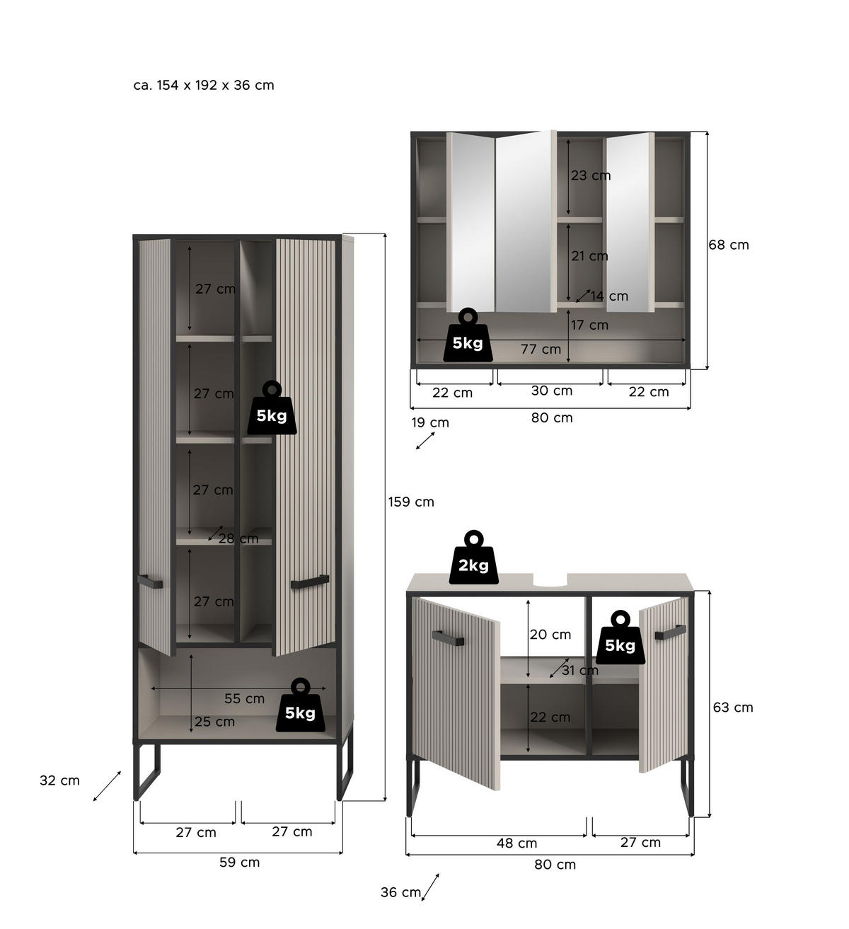 BADKOMBINATION 3tlg. Bagno Bad in Kaschmir Nachbildung und schwarz B/H/T: 154x192x36 cm - Kaschmir, Holzwerkstoff (154/192/36cm)
