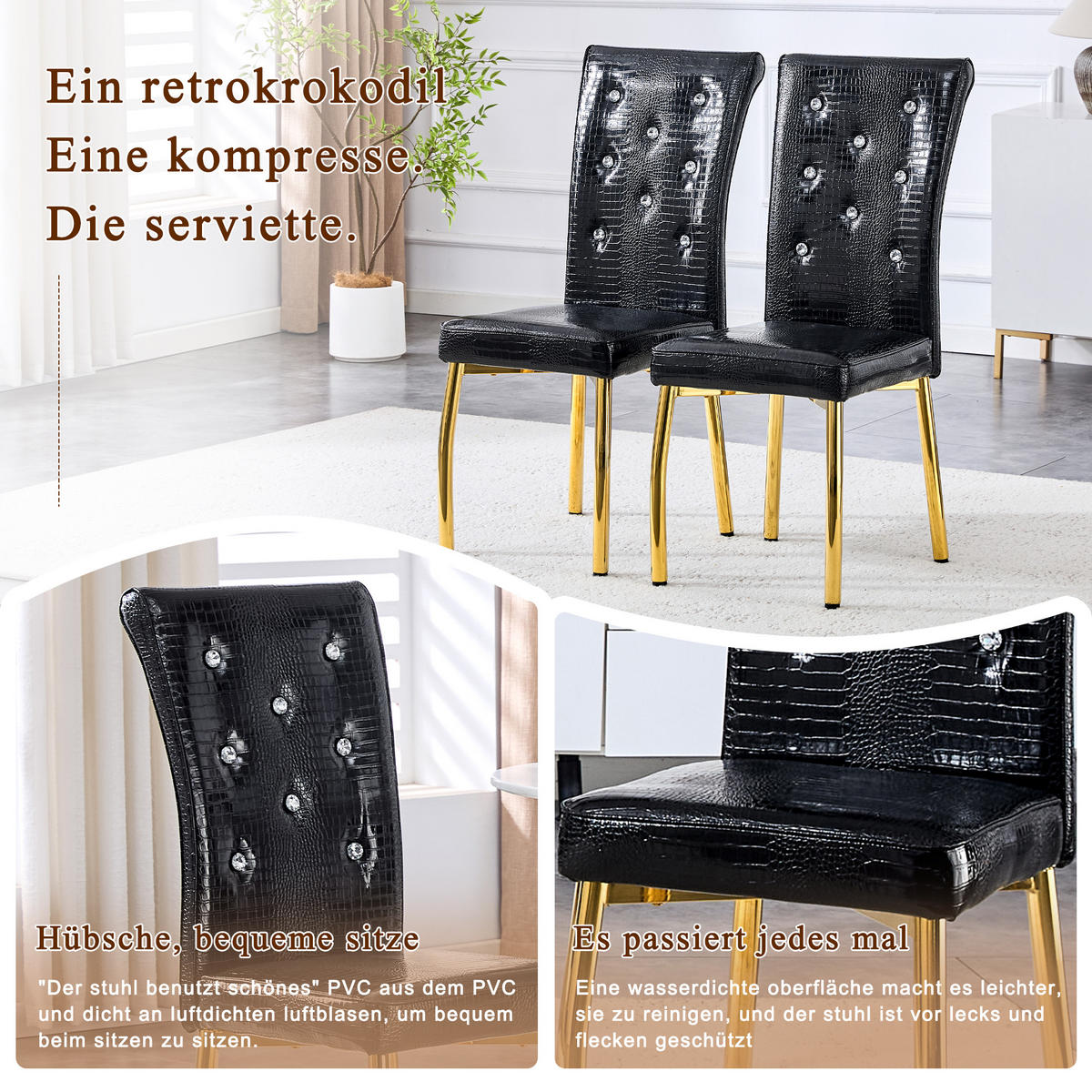 STUHL-SET DE-36774 2 Stück mit Krokodil-Prägung und vergoldeten Metallbeinen Schwarz - Schwarz, Metall (42/101/61.5cm) - ComfortXL