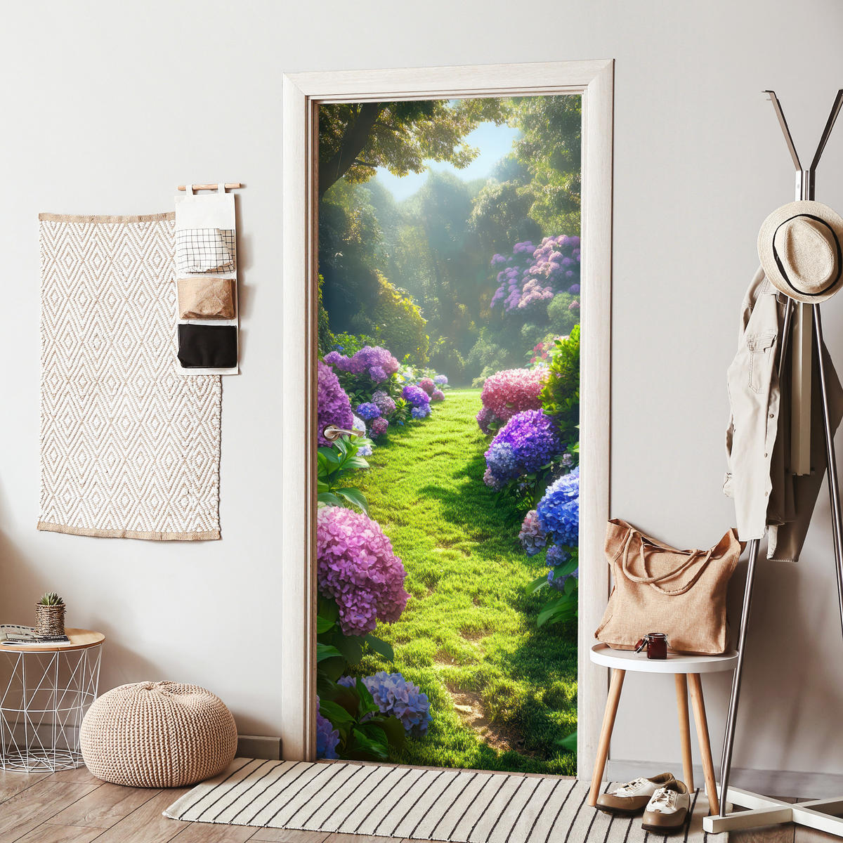 TÜRAUFKLEBER Selbstklebend - Natur - Hortensie - Blumen - Grün 95x215 cm - Türtapete - Hellgrün, Kunststoff (95/0.1cm) - MuchoWow