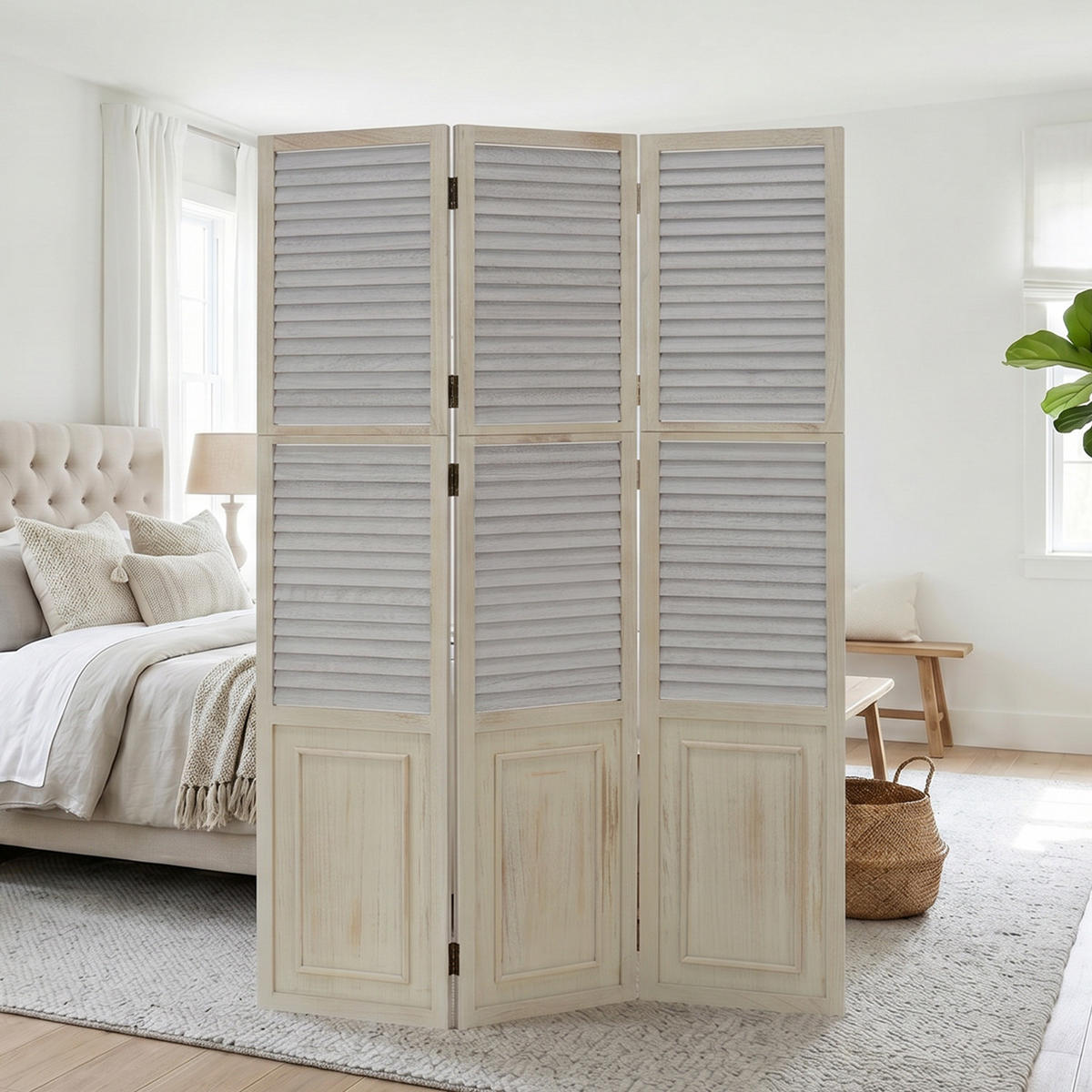 PARAVENT 3-tlg. 120/170 cm Weiß shabby washed - Weiß, Holz (120/170/2cm) - Homestyle4u