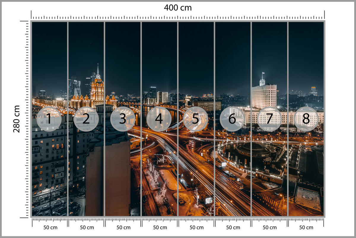FOTOTAPETE für Wohnzimmer Moskau Nacht Panorama Metropole Straßen 400x280 - Beige/Schwarz, Papier (400/280cm) - Muralo