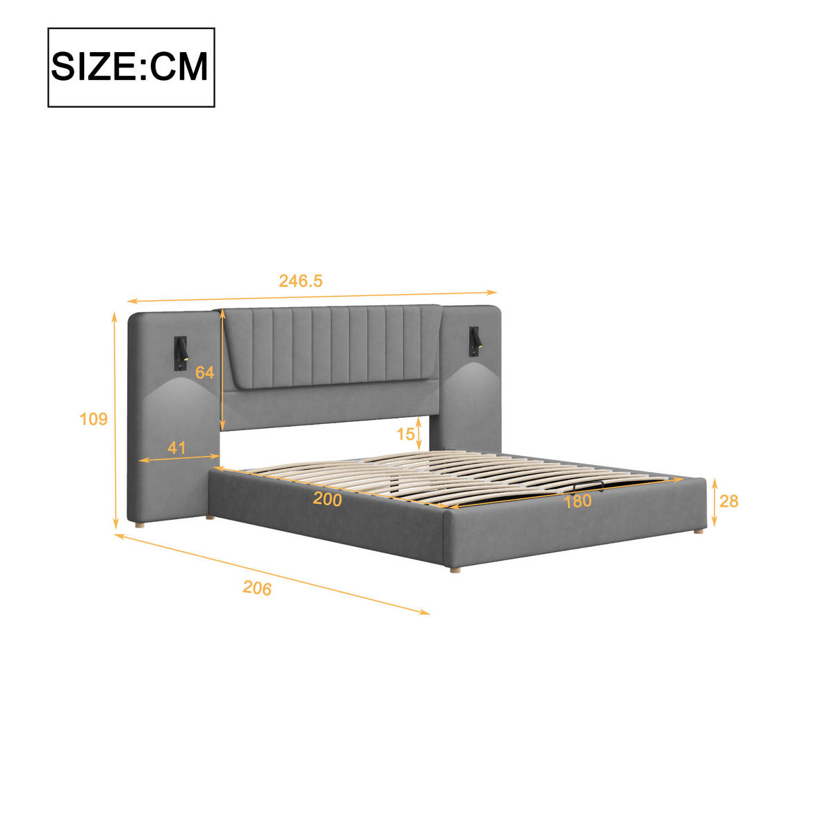 STAURRAUMBETT 180/200 cm DE-01898, in Grau, mit Leselampen, USB und hydraulischem Stauraum - Grau, Metall (180/200cm) - ComfortXL