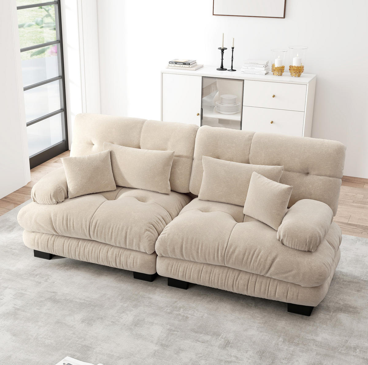ECKSOFA 220/77/81 cm hellbraun aus Chenille mit modularer Form und Kissen - Cappuccino, Textil (77/220cm) - OKWISH